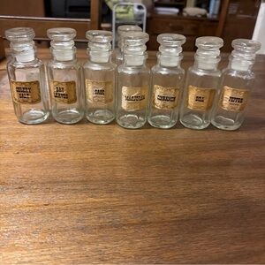 Antique Owen’s Illinois apothecary spice Glass Jar Set with labels.